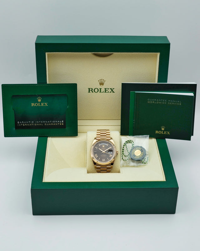 Rolex 228235 Day Date 40 18K Rose Gold with Chocolate Roman Dial