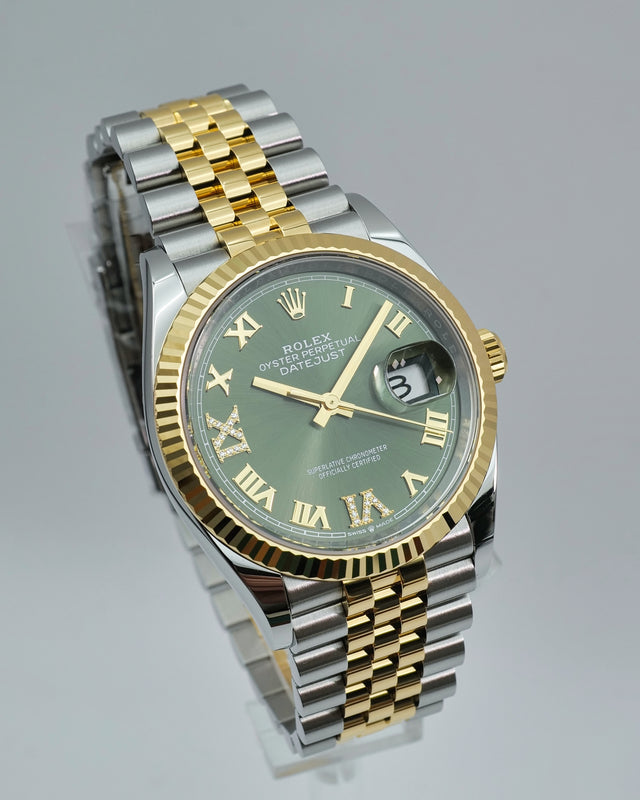 Rolex 126233 Datejust 18K/SS with Olive Green Roman Diamond VI/IX Dial on Jubilee