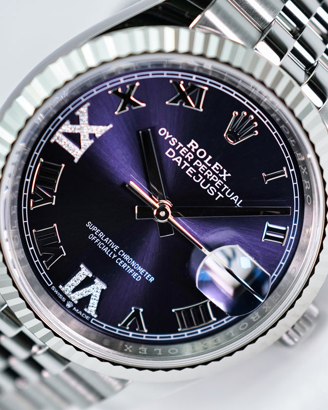 Rolex 126234 Datejust 36 with Purple Dial with "VI" and "IX" in Diamond on Jubilee