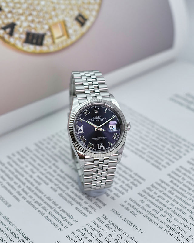 Rolex 126234 Datejust 36 with Purple Dial with "VI" and "IX" in Diamond on Jubilee
