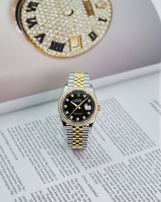Rolex 126283RBR Datejust 36 18K/Stainless Steel Black Diamond Dial with Diamond Bezel on Jubilee
