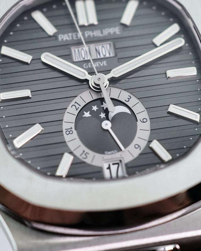 Patek Philippe 5726A Nautilus Annual Calendar Moon Phases Stainless Steel Black Dial