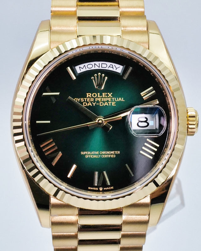 Rolex 128238 Day Date 36 18K Yellow Gold with Green Ombre Dial