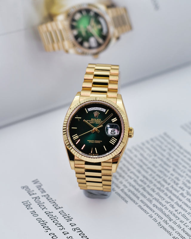 Rolex 128238 Day Date 36 18K Yellow Gold with Green Ombre Dial