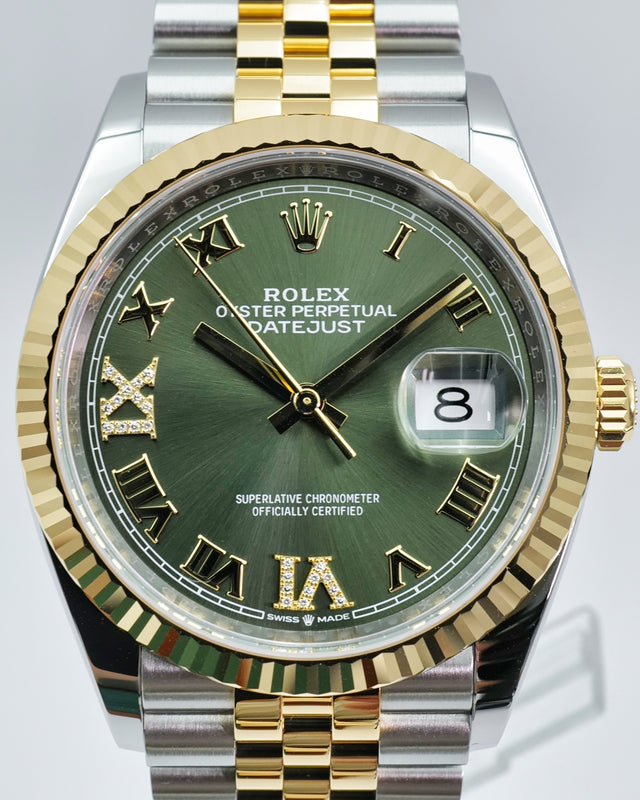 Rolex 126233 Datejust 18K/SS with Olive Green Roman Diamond VI/IX Dial on Jubilee