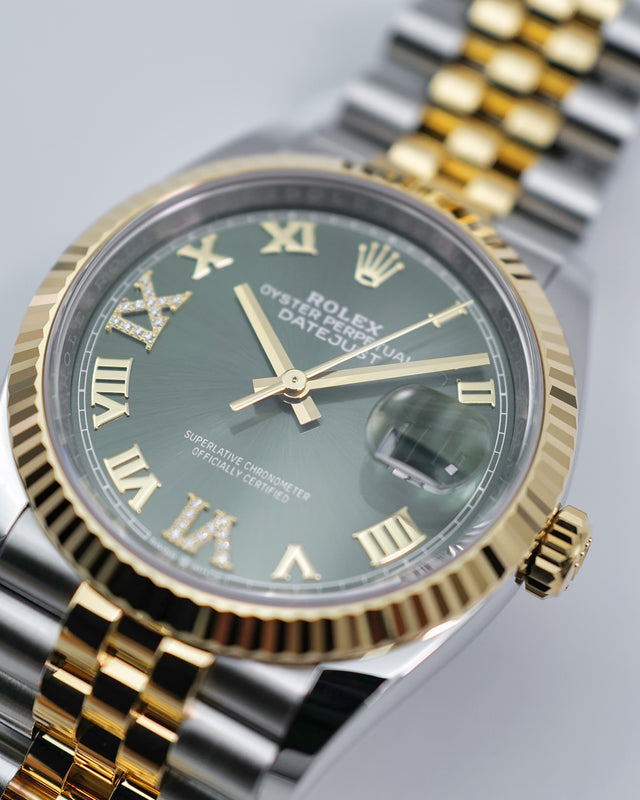 Rolex 126233 Datejust 18K/SS with Olive Green Roman Diamond VI/IX Dial on Jubilee