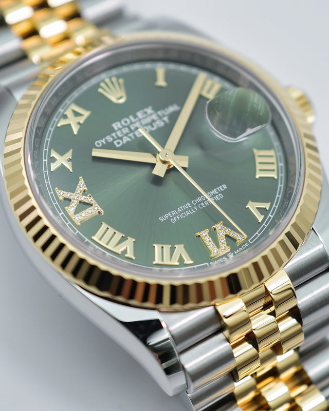 Rolex 126233 Datejust 18K/SS with Olive Green Roman Diamond VI/IX Dial on Jubilee