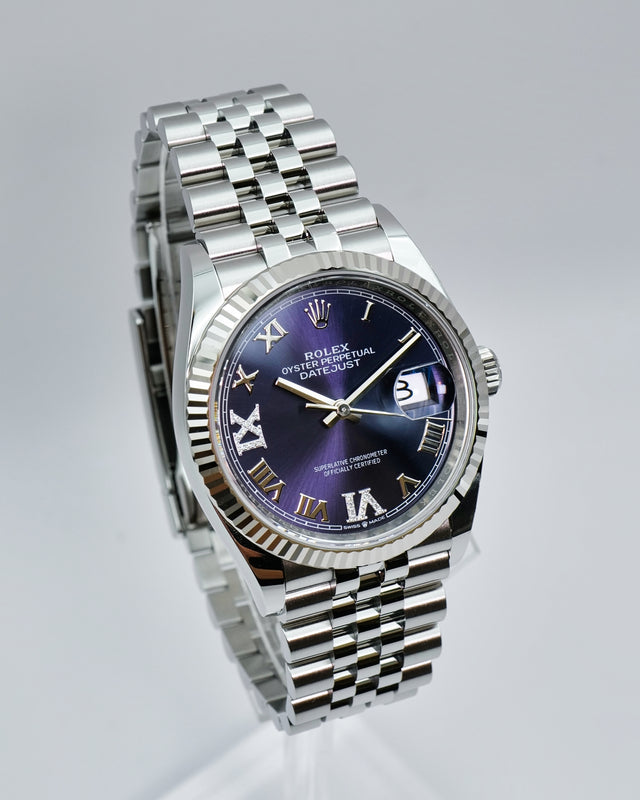 Rolex 126234 Datejust 36 with Purple Dial with "VI" and "IX" in Diamond on Jubilee