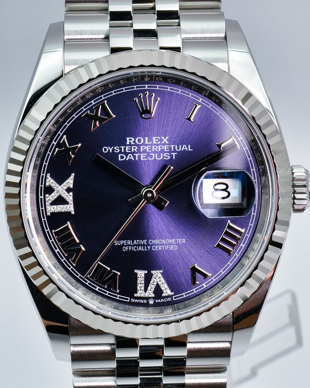 Rolex 126234 Datejust 36 with Purple Dial with "VI" and "IX" in Diamond on Jubilee