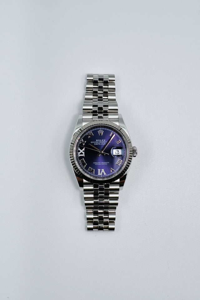 Rolex 126234 Datejust 36 with Purple Dial with "VI" and "IX" in Diamond on Jubilee