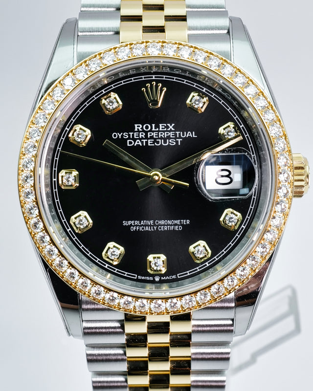 Rolex 126283RBR Datejust 36 18K/Stainless Steel Black Diamond Dial with Diamond Bezel on Jubilee