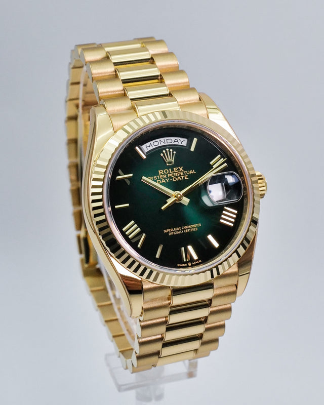 Rolex 128238 Day Date 36 18K Yellow Gold with Green Ombre Dial